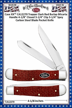 W.R. Case & Sons Cutlery CA12270 Trapper Dark Red Burlap Micarta Handle 4-1/8" Closed 3-1/4" Clip 3-1/4" Spey Carbon Steel Blade Pocket Knife W.R. Case & Sons Cutlery CA12270 Trapper Dark Red Burlap Micarta Handle 4-1/8" Closed 3-1/4" Clip 3-1/4" Spey Carbon Steel Blade Pocket Knife
