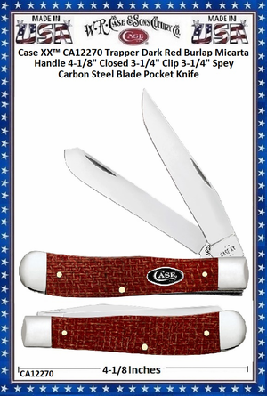 W.R. Case & Sons Cutlery CA12270 Trapper Dark Red Burlap Micarta Handle 4-1/8" Closed 3-1/4" Clip 3-1/4" Spey Carbon Steel Blade Pocket Knife W.R. Case & Sons Cutlery CA12270 Trapper Dark Red Burlap Micarta Handle 4-1/8" Closed 3-1/4" Clip 3-1/4" Spey Carbon Steel Blade Pocket Knife