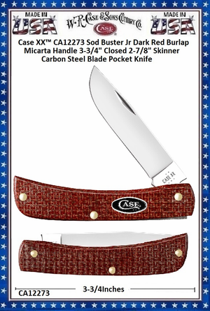 W.R. Case & Sons Cutlery CA12273 Case XX™ Sod Buster Jr Dark Red Burlap Micarta Handle 3-3/4" Closed 2-7/8" Skinner Carbon Steel Blade Pocket Knife W.R. Case & Sons Cutlery CA12273 Case XX™ Sod Buster Jr Dark Red Burlap Micarta Handle 3-3/4" Closed 2-7/8" Skinner Carbon Steel Blade Pocket Knife