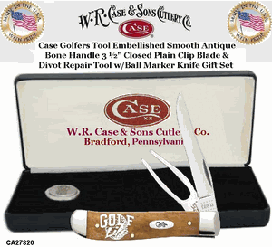 W.R. Case & Son's Cutlery CA27820 Case Golfers Tool Embellished Smooth Antique Bone Handle  3 �" Closed Plain Clip Blade &  Divot Repair Tool w/Ball Marker Knife Gift Set 