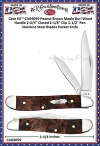 W.R. Case & Sons Cutlery CA64059 Case XX� Peanut Brown Maple Burl Wood Handle 2-3/4" Closed 2-1/8" Clip 1-1/2" Pen Stainless Steel Blades Pocket Knife
