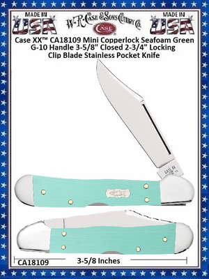 W.R. Case & Sons Cutlery CA18109 Case XX� Mini Copperlock Seafoam Green G-10 Handle 3-5/8" Closed 2-3/4" Locking Clip Blade Stainless Pocket Knife