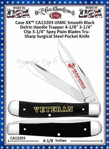 W.R. Case & Sons Cutlery CA13203 Case XX� USMC Trapper Smooth Black Delrin Handle 4-1/8" Closed 3-1/4" Clip 3-1/4" Spey Tru-Sharp Surgical Stainless Steel Pocket Knife 