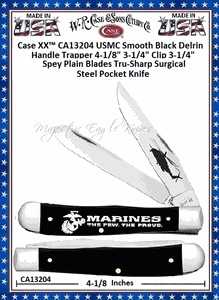 W.R. Case & Sons Cutlery CA13204 Case XX� USMC Trapper Smooth Black Delrin Handle Tru-Sharp Surgical Stainless Steel Pocket Knife