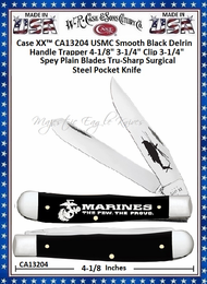 W.R. Case & Sons Cutlery CA13204 Case XX™ USMC Trapper Smooth Black Delrin Handle Tru-Sharp Surgical Stainless Steel Pocket Knife W.R. Case & Sons Cutlery CA13204 Case XX™ USMC Trapper Smooth Black Delrin Handle Tru-Sharp Surgical Stainless Steel Pocket Knife