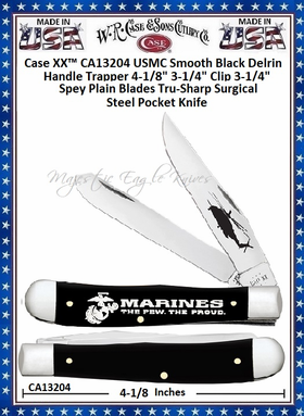 W.R. Case & Sons Cutlery CA13204 Case XX� USMC Trapper Smooth Black Delrin Handle Tru-Sharp Surgical Stainless Steel Pocket Knife