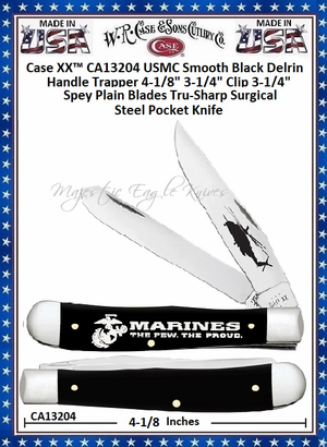 W.R. Case & Sons Cutlery CA13204 Case XX� USMC Trapper Smooth Black Delrin Handle Tru-Sharp Surgical Stainless Steel Pocket Knife