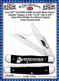 W.R. Case & Sons Cutlery CA13204 Case XX™ USMC Trapper Smooth Black Delrin Handle Tru-Sharp Surgical Stainless Steel Pocket Knife W.R. Case & Sons Cutlery CA13204 Case XX™ USMC Trapper Smooth Black Delrin Handle Tru-Sharp Surgical Stainless Steel Pocket Knife