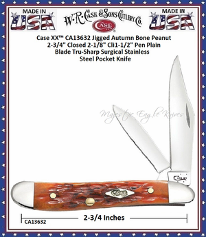 W.R. Case & Sons Cutlery CA13632 Case XX� Jigged Autumn Bone Handle Peanut 2-3/4" Closed 2-1/8" Clip1-1/2" Pen Plain Blades Tru-Sharp Surgical Stainless Steel Pocket Knife