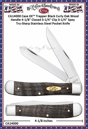 W.R. Case & Sons Cutlery CA14000 Case XX� Trapper Black Curly Oak Wood Handle 4-1/8" Closed 3-1/4" Clip 3-1/4" Spey Tru-Sharp Stainless Steel Pocket Knife