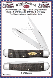 W.R. Case & Sons Cutlery CA14000 Case XX� Trapper Black Curly Oak Wood Handle 4-1/8" Closed 3-1/4" Clip 3-1/4" Spey Tru-Sharp Stainless Steel Pocket Knife