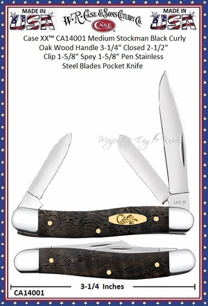 W.R. Case & Sons Cutlery CA14001 Case XX� Medium Stockman Black Curly Oak Wood Handle 3-1/4" Closed 2-1/2" Clip 1-5/8" Spey 1-5/8" Pen Stainless Steel Blades Pocket Knife