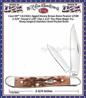 W.R. Case & Sons Cutlery CA13641 Case XX� Jigged Honey Brown Bone Handle Peanut 1/500 2-3/4" Closed 2-1/8" Clip1-1/2" Pen Plain Blades Tru-Sharp Surgical Stainless Steel Pocket Knife