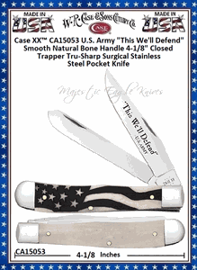 W.R. Case & Sons Cutlery CA15053 Case XX� U.S. Army "This We'll Defend" Smooth Natural Bone Handle 4-1/8" ClosedTrapper Tru-Sharp Surgical Stainless Steel Pocket Knife
