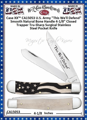 W.R. Case & Sons Cutlery CA15053 Case XX� U.S. Army "This We'll Defend" Smooth Natural Bone Handle 4-1/8" ClosedTrapper Tru-Sharp Surgical Stainless Steel Pocket Knife