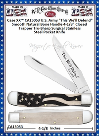 W.R. Case & Sons Cutlery CA15053 Case XX™ U.S. Army "This We'll Defend" Smooth Natural Bone Handle 4-1/8" ClosedTrapper Tru-Sharp Surgical Stainless Steel Pocket Knife W.R. Case & Sons Cutlery CA15053 Case XX™ U.S. Army "This We'll Defend" Smooth Natural Bone Handle 4-1/8" ClosedTrapper Tru-Sharp Surgical Stainless Steel Pocket Knife