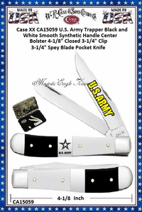 W.R. Case & Sons Cutlery CA15059Case XX™ U.S. Army Trapper Black and White Smooth Synthetic Handle Center Bolster 4-1/8" Closed 3-1/4" Clip 3-1/4" Spey Blade Tru-Sharp Surgical Stainless Steel Pocket Knife W.R. Case & Sons Cutlery CA15059Case XX™ U.S. Army Trapper Black and White Smooth Synthetic Handle Center Bolster 4-1/8" Closed 3-1/4" Clip 3-1/4" Spey Blade Tru-Sharp Surgical Stainless Steel Pocket Knife