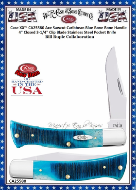 W.R. Case & Sons Cutlery CA25580 Case XX� Axe Sawcut Caribbean Blue Bone Handle 4" Closed 3-1/4" Clip Stainless Steel Pocket Knife