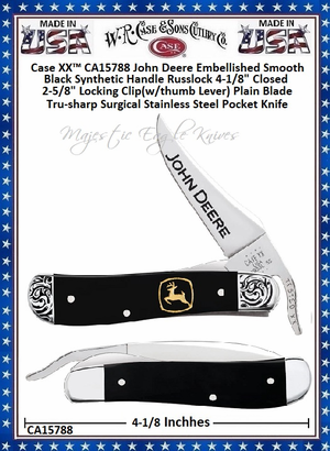 W.R. Case & Sons Cutlery CA15788 Case XX� John Deere Embellished Smooth Black Synthetic Handle Russlock 4-1/8" Closed 2-5/8" Locking Clip(w/thumb Lever) Plain Blade Tru-sharp Surgical Stainless Steel Pocket Knife