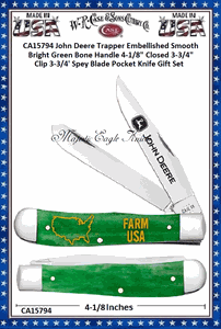 W.R. Case & Sons Cutlery CA15794 Case XX John Deere Trapper Embellished Smooth Bright Green Bone Handle 4-1/8" Closed 3-3/4" Clip 3-3/4' Spey Blade Pocket Knife Gift Set 