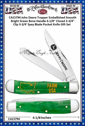 W.R. Case & Sons Cutlery CA15794 Case XX John Deere Trapper Embellished Smooth Bright Green Bone Handle 4-1/8" Closed 3-3/4" Clip 3-3/4' Spey Blade Pocket Knife Gift Set W.R. Case & Sons Cutlery CA15794 Case XX John Deere Trapper Embellished Smooth Bright Green Bone Handle 4-1/8" Closed 3-3/4" Clip 3-3/4' Spey Blade Pocket Knife Gift Set