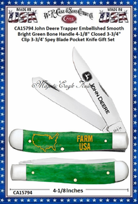 W.R. Case & Sons Cutlery CA15794 Case XX John Deere Trapper Embellished Smooth Bright Green Bone Handle 4-1/8" Closed 3-3/4" Clip 3-3/4' Spey Blade Pocket Knife Gift Set 
