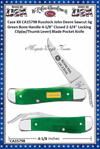 W.R. Case & Sons Cutlery CA15798 Case XX Russlock John Deere Sawcut Jig Green Bone Handle 4-1/8" Closed 2-3/4" Locking Clip(w/Thumb Lever) Blade Pocket Knife