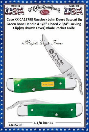W.R. Case & Sons Cutlery CA15798 Case XX Russlock John Deere Sawcut Jig Green Bone Handle 4-1/8" Closed 2-3/4" Locking Clip(w/Thumb Lever) Blade Pocket Knife