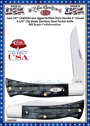 W.R. Case & Sons Cutlery CA65034 Case XX™ Axe Jigged Buffalo Horn Handle 4.00" Closed 3-1/4" Clip Blade Stainless Steel Pocket Knife W.R. Case & Sons Cutlery CA65034 Case XX™ Axe Jigged Buffalo Horn Handle 4.00" Closed 3-1/4" Clip Blade Stainless Steel Pocket Knife