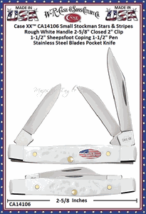 W.R. Case & Sons Cutlery CA14106 Case XX� Small Stockman Stars & Stripes Rough White Handle 2-5/8" Closed 2" Clip 1-1/2" Sheepsfoot Coping 1-1/2" Pen Stainless Steel Blades Pocket Knife