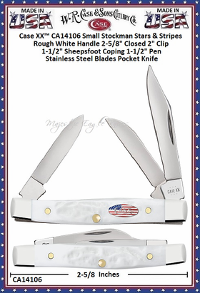 W.R. Case & Sons Cutlery CA14106 Case XX™ Small Stockman Stars & Stripes Rough White Handle 2-5/8" Closed 2" Clip 1-1/2" Sheepsfoot Coping 1-1/2" Pen Stainless Steel Blades Pocket Knife W.R. Case & Sons Cutlery CA14106 Case XX™ Small Stockman Stars & Stripes Rough White Handle 2-5/8" Closed 2" Clip 1-1/2" Sheepsfoot Coping 1-1/2" Pen Stainless Steel Blades Pocket Knife