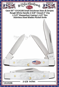 W.R. Case & Sons Cutlery CA14106 Case XX� Small Stockman Stars & Stripes Rough White Handle 2-5/8" Closed 2" Clip 1-1/2" Sheepsfoot Coping 1-1/2" Pen Stainless Steel Blades Pocket Knife