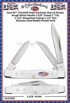 W.R. Case & Sons Cutlery CA14106 Case XX™ Small Stockman Stars & Stripes Rough White Handle 2-5/8" Closed 2" Clip 1-1/2" Sheepsfoot Coping 1-1/2" Pen Stainless Steel Blades Pocket Knife W.R. Case & Sons Cutlery CA14106 Case XX™ Small Stockman Stars & Stripes Rough White Handle 2-5/8" Closed 2" Clip 1-1/2" Sheepsfoot Coping 1-1/2" Pen Stainless Steel Blades Pocket Knife