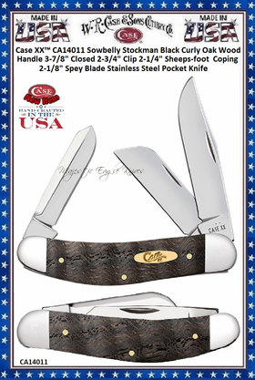 W.R. Case & Sons Cutlery CA14011 Case XX™ Sowbelly Stockman Black Curly Oak Wood Handle 3-7/8" Closed 2-3/4" Clip 2-1/4" Sheepsfoot Coping 2-1/8" Spey Blade Stainless Steel Pocket Knife W.R. Case & Sons Cutlery CA14011 Case XX™ Sowbelly Stockman Black Curly Oak Wood Handle 3-7/8" Closed 2-3/4" Clip 2-1/4" Sheepsfoot Coping 2-1/8" Spey Blade Stainless Steel Pocket Knife