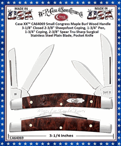 W.R. Case & Sons Cutlery CA64069 Case XX� Small Congress Maple Burl Wood Handle 3-1/8" Closed 2-3/8" Sheepsfoot Coping, 1-3/4" Pen, 1-3/4" Coping, 2-3/8" Spear Tru-Sharp Surgical Stainless Steel Plain Blade, Pocket Knife 