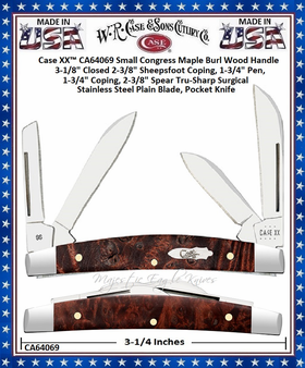 W.R. Case & Sons Cutlery CA64069 Case XX™ Small Congress Maple Burl Wood Handle 3-1/8" Closed 2-3/8" Sheepsfoot Coping, 1-3/4" Pen, 1-3/4" Coping, 2-3/8" Spear Tru-Sharp Surgical Stainless Steel Plain Blade, Pocket Knife W.R. Case & Sons Cutlery CA64069 Case XX™ Small Congress Maple Burl Wood Handle 3-1/8" Closed 2-3/8" Sheepsfoot Coping, 1-3/4" Pen, 1-3/4" Coping, 2-3/8" Spear Tru-Sharp Surgical Stainless Steel Plain Blade, Pocket Knife