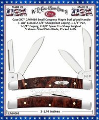 W.R. Case & Sons Cutlery CA64069 Case XX� Small Congress Maple Burl Wood Handle 3-1/8" Closed 2-3/8" Sheepsfoot Coping, 1-3/4" Pen, 1-3/4" Coping, 2-3/8" Spear Tru-Sharp Surgical Stainless Steel Plain Blade, Pocket Knife 