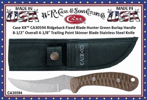 W.R. Case & Sons Cutlery CA30594 Case XX� Ridgeback Fixed Blade Hunter Green Burlap Handle   8-1/2" Overall 4-1/8" Trailing Point Skinner Blade Stainless Steel Knife 