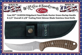 W.R. Case & Sons Cutlery CA30594 Case XX™ Ridgeback Fixed Blade Hunter Green Burlap Handle 8-1/2" Overall 4-1/8" Trailing Point Skinner Blade Stainless Steel Knife W.R. Case & Sons Cutlery CA30594 Case XX™ Ridgeback Fixed Blade Hunter Green Burlap Handle 8-1/2" Overall 4-1/8" Trailing Point Skinner Blade Stainless Steel Knife