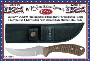 W.R. Case & Sons Cutlery CA30594 Case XX™ Ridgeback Fixed Blade Hunter Green Burlap Handle 8-1/2" Overall 4-1/8" Trailing Point Skinner Blade Stainless Steel Knife W.R. Case & Sons Cutlery CA30594 Case XX™ Ridgeback Fixed Blade Hunter Green Burlap Handle 8-1/2" Overall 4-1/8" Trailing Point Skinner Blade Stainless Steel Knife