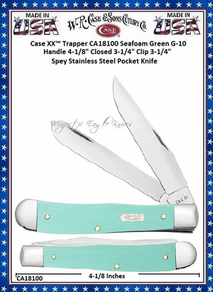 W.R. Case & Sons Cutlery Case XX� CA18100 Trapper Ichthus inlay shield Seafoam Green G-10 Handle 4-1/8" Closed 3-1/4" Clip 3-1/4" Spey Blade Tru-Sharp Stainless Steel Pocket Knife 
