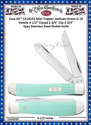 W.R. Case & Sons Cutlery Case XX™ CA18101 Mini Trapper Ichthus inlay shield Seafoam Green G-10 Handle 3-1/2" Closed 2-3/4" Clip 2-3/4" Spey Blade Tru-Sharp Stainless Steel Pocket Knife W.R. Case & Sons Cutlery Case XX™ CA18101 Mini Trapper Ichthus inlay shield Seafoam Green G-10 Handle 3-1/2" Closed 2-3/4" Clip 2-3/4" Spey Blade Tru-Sharp Stainless Steel Pocket Knife