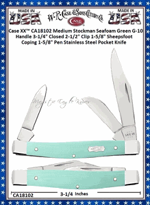 W.R. Case & Sons Cutlery Case XX� CA18102 Medium Stockman Ichthus inlay shield Seafoam Green G-10 Handle 3-1/2" Closed 3-1/4" Clip 2-1/2" Clip 1-5/8" Sheepsfoot Coping 1-5/8" Pen Blade Tru-Sharp Stainless Steel Pocket Knife
