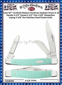 W.R. Case & Sons Cutlery Case XX� CA18102 Medium Stockman Ichthus inlay shield Seafoam Green G-10 Handle 3-1/2" Closed 3-1/4" Clip 2-1/2" Clip 1-5/8" Sheepsfoot Coping 1-5/8" Pen Blade Tru-Sharp Stainless Steel Pocket Knife