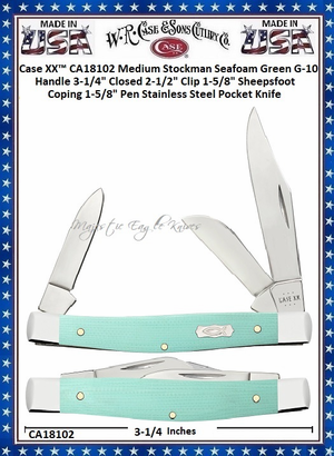 W.R. Case & Sons Cutlery Case XX� CA18102 Medium Stockman Ichthus inlay shield Seafoam Green G-10 Handle 3-1/2" Closed 3-1/4" Clip 2-1/2" Clip 1-5/8" Sheepsfoot Coping 1-5/8" Pen Blade Tru-Sharp Stainless Steel Pocket Knife
