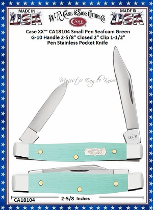 W.R. Case & Sons Cutlery CA18104 Case XX™ Small Pen Ichthus inlay shield Seafoam Green G-10 Handle 2-5/8" Closed 2" Clip 1-1/2" Pen Blade Tru-Sharp Stainless Steel Pocket Knife W.R. Case & Sons Cutlery CA18104 Case XX™ Small Pen Ichthus inlay shield Seafoam Green G-10 Handle 2-5/8" Closed 2" Clip 1-1/2" Pen Blade Tru-Sharp Stainless Steel Pocket Knife
