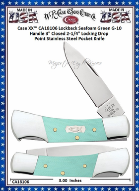 W.R. Case & Sons Cutlery CA18106 Case XX™ Lockback Ichthus inlay shield Seafoam Green G-10 Handle 3" 2-1/4" Locking Drop Point Blade Tru-Sharp Stainless Steel Pocket Knife W.R. Case & Sons Cutlery CA18106 Case XX™ Lockback Ichthus inlay shield Seafoam Green G-10 Handle 3" 2-1/4" Locking Drop Point Blade Tru-Sharp Stainless Steel Pocket Knife