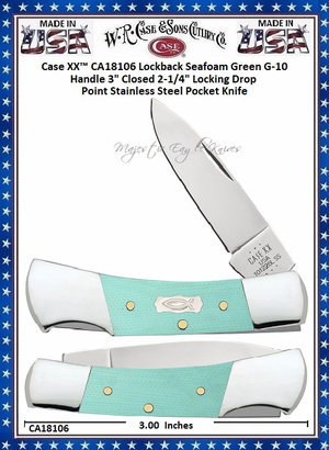 W.R. Case & Sons Cutlery CA18106 Case XX™ Lockback Ichthus inlay shield Seafoam Green G-10 Handle 3" 2-1/4" Locking Drop Point Blade Tru-Sharp Stainless Steel Pocket Knife W.R. Case & Sons Cutlery CA18106 Case XX™ Lockback Ichthus inlay shield Seafoam Green G-10 Handle 3" 2-1/4" Locking Drop Point Blade Tru-Sharp Stainless Steel Pocket Knife