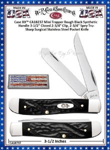 W.R. Case & Sons Cutlery CA18237 Case XX� Rough Black Synthetic Handle Mini Trapper 3-1/2" Closed 2-3/4" Clip 2-3/4" Spey Plain Blades Tru-Sharp Surgical Stainless Steel Pocket Knife 