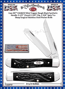 W.R. Case & Sons Cutlery CA18237 Case XX� Rough Black Synthetic Handle Mini Trapper 3-1/2" Closed 2-3/4" Clip 2-3/4" Spey Plain Blades Tru-Sharp Surgical Stainless Steel Pocket Knife 